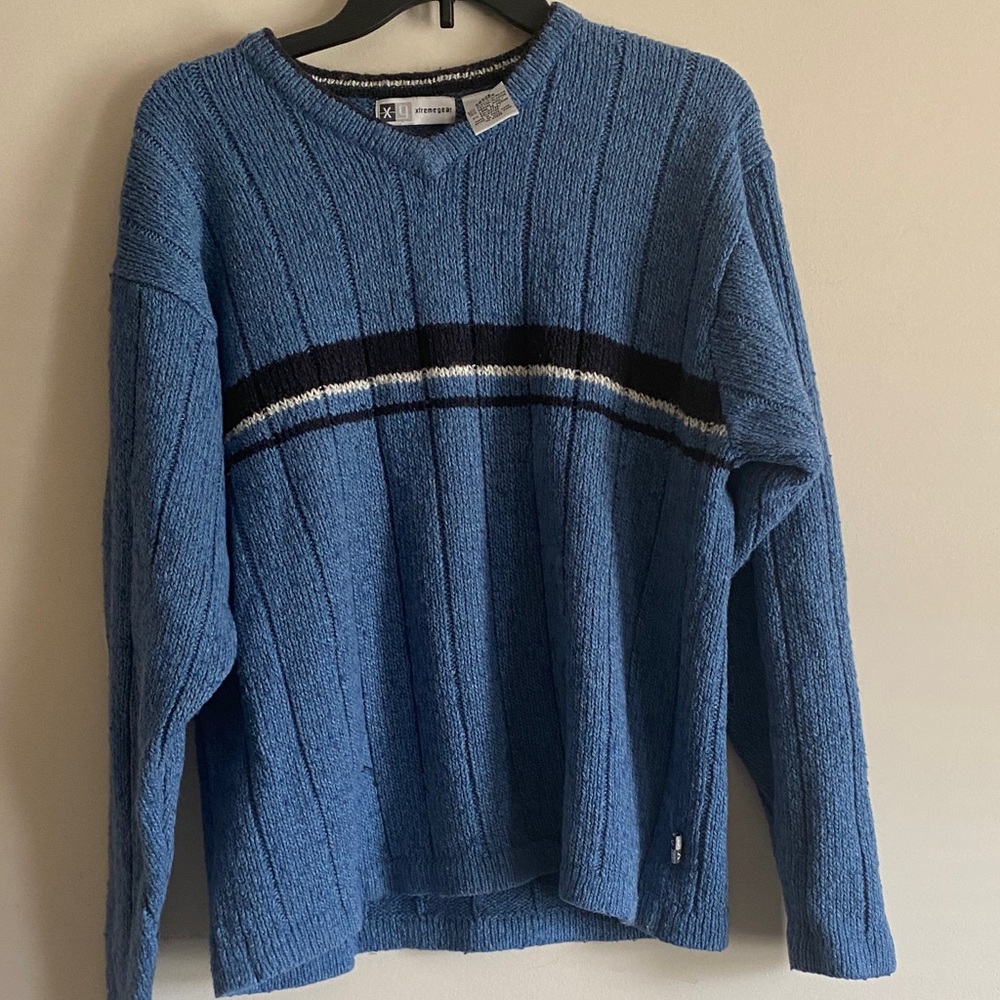 Mens Xtreme Gear Sweater Large Blue White Striped V-neck Y2K wool blend VTG